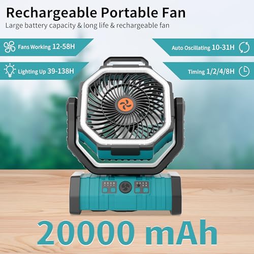 TDLOL 20000mAh Outdoor Camping Fan Battery Operated,Portable Rechargeable Battery Powered Fan with LED Light,360°Oscillati...
