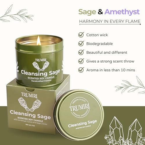 Sage Candle for Cleansing House Negative Energy Smudge Kit - 5oz Soy Wax Natural Clean Organic Non Toxic - Aromatherapy Sp...