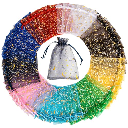 Sukh 100pcs Organza Bags - 4"X6" Moon Star Small Gift Bags Bulk Party Favor Mesh Drawstring Goodie Wrap Pouch Candy Jewelr...