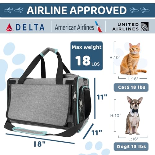 GAPZER Soft-Sided Pet Carrier for Air Travel 18x11x11 Inch - Underseat Cabin Carry Bag for Small Cats & Dogs Under 15 lbs