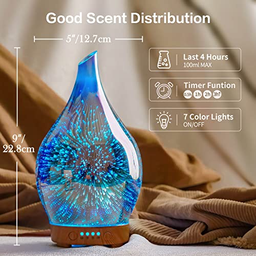 Porseme Essential Oil Diffuser 3D Glass Aromatherapy Ultrasonic Humidifier, Air Refresh Auto Shut-Off, Timer Setting, BPA ...