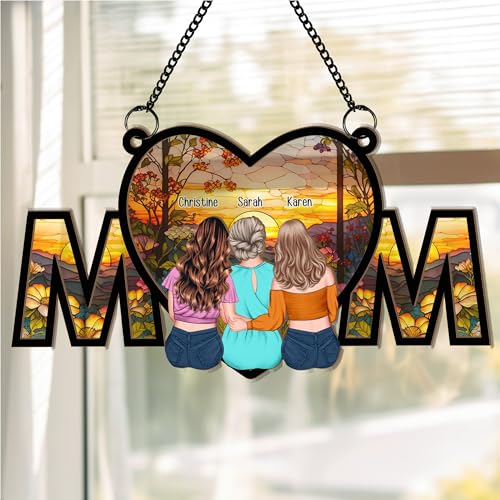 Personalized Heart-Shaped Suncatcher Window Hanging, Decorative MOM Sign with Sunset Scene