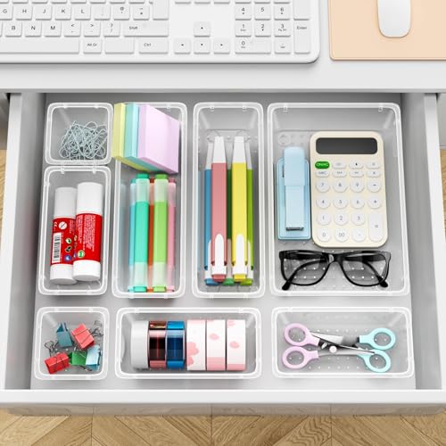ElegantArray 12 PCS Drawer Organizer Set, 4 Sizes Tool Storage Trays, Clear Plastic Makeup Vanity Organizer and Storage Bi...