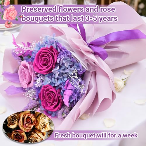Preserved Flowers Bouquet, Flowers for Delivery,Handmade Purple Rose Bouquets Lasting 3-5 Years, Luxury Gift Box,Birthday ...