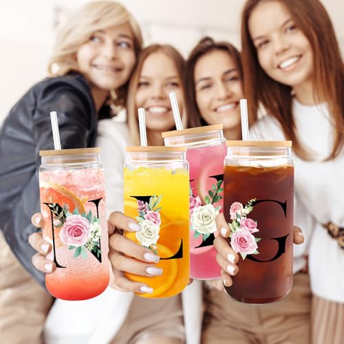 WINOWIMO Initial Glass Cups with Lids and Straws, Personalized Gifts for Women, Iced Coffee Cup Glass Tumbler, Birthday Br...