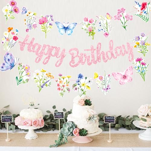 Wildflowers Happy Birthday Banners 3Pcs Pink Butterfly Theme Party Decorations for Women Girl Spring Birthday Baby Shower ...