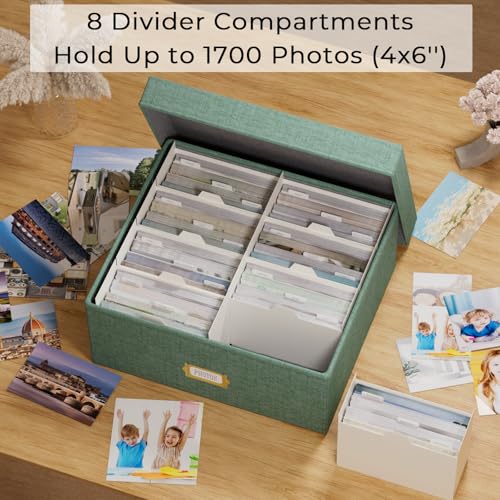 Decorative Photo Storage Box - Linen Photo Box Organizer with Dividers, Fits Holds Up to 1700 Pictures and 4x6 Photos, Mem...
