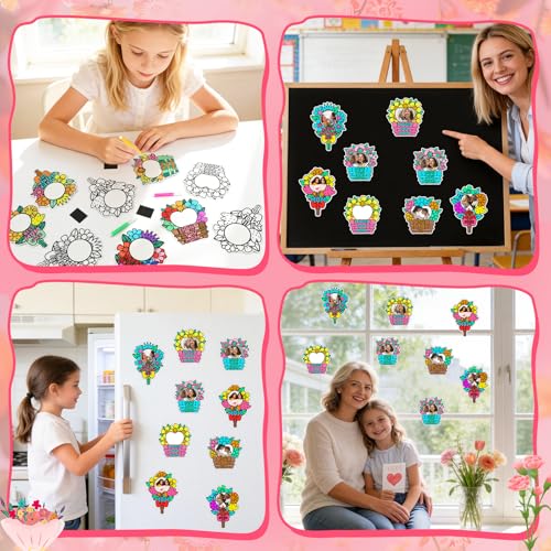 24 Set Mothers Day Crafts Picture Frame Fridge Magnet with Paint Pen Magnet, Mothers Day DIY Art Paper Flower Decorations ...