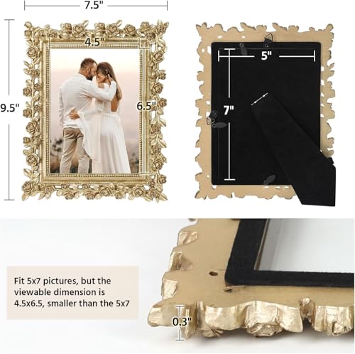FOLKOR 5x7 Wedding Frame Gold, 2 Pack Decorative Picture Frame with Stand for Tabletop Shelf Decor, Antique Brass Floral P...