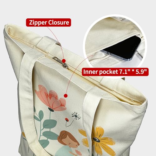 itgowisa Canvas Tote Bag for Women, Aesthetic Tote Bag with Zipper Pocket for Grocery Travel Work Gift, Canvas Shopping Bag