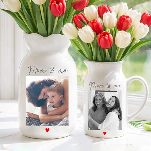 GABITA Personalized Ceramic Flower Vase Gift for Mom Grandma, Custom from Grandkids, Mom & Me - Custom Photo Floral Vase f...