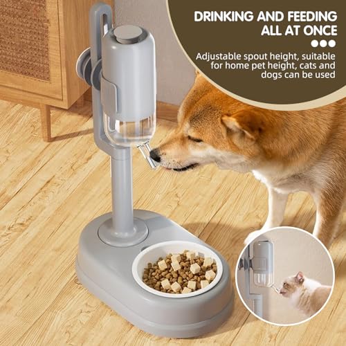 Pet Standing Water Dispenser Cat Dog Standing Ceramic Bowl Automatically Feeding Water Height Adjustable Detachable Pole (...