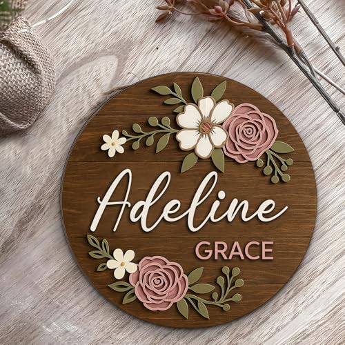 Floral Name Sign for Nursery Decor for Girls – Personalized Wooden Name Signs for Nursery with Flowers, Baby Girl's Custom...