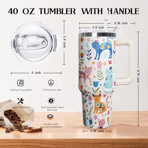 Ceovfoi 40 Oz Cat Tumbler With Handle, Coffee Travel Mug Cup Water Bottle, Cat Decor, Gifts for Women
