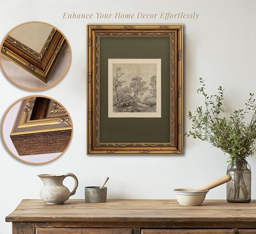 Vintage Gold Framed Wall Art Tree Forest Landscape Painting Canvas Prints Green Gray Tree Natural Sketch Picture Rustic Fa...