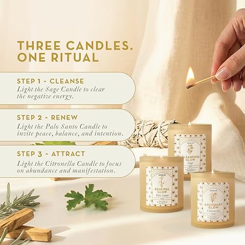 Serebliss Candle Set - 3 Pack Soy Wax Aromatherapy Scented Candles for Energy Cleansing, Manifestation, Palo Santo, Sage, ...