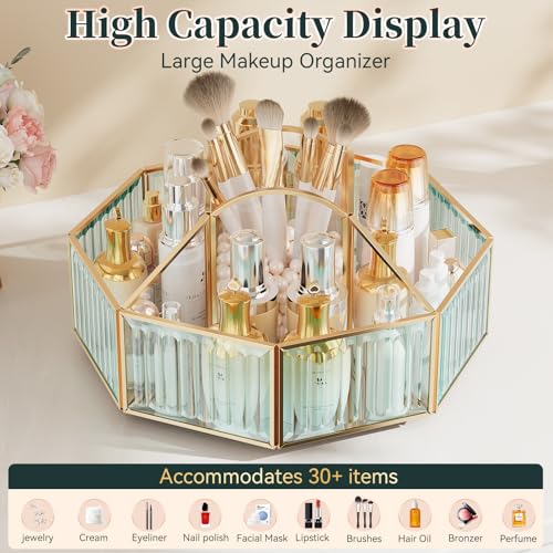 CoralHouse 360° Rotating Makeup Organizer Spinning Vanity Organizer with Makeup Brush Holder for Countertop, Bathroom Stor...