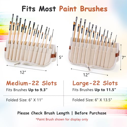 Stand Up Canvas Paint Brush Holder Case for Artists, 22 Slots Brush Organizer with Pop-Up Stand, Zippered Travel Paint Bru...
