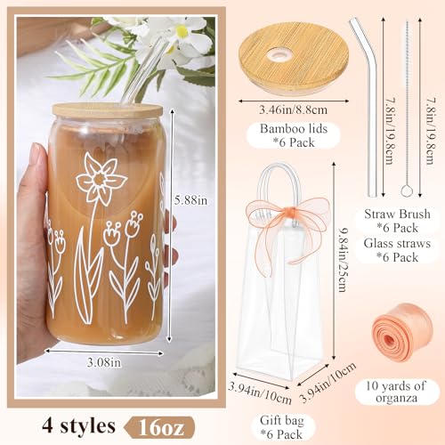 Mumufy 6 Sets Boho Floral Glass Cups with Clear Gift Bag 16 oz Reusable Flower Iced Coffee Mugs Aesthetic Cute Tumbler wit...