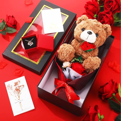 PullCrease Bear Flower Bouquet for Women 15in Rose Plush Bear Box Artificial Bouquet Necklace and Card for Graduation Anni...
