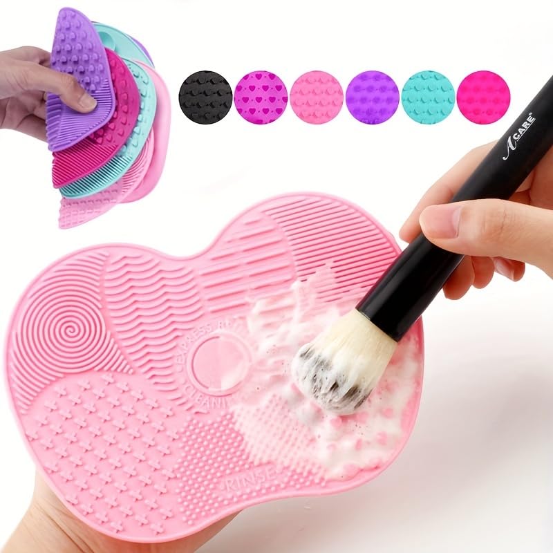 Make Up Brush Cleaning Mat，1PCS Silicone Makeup Brush Cleaner Pad With Suction Cup,Portable Cosmetic Washing Tool (Purple)