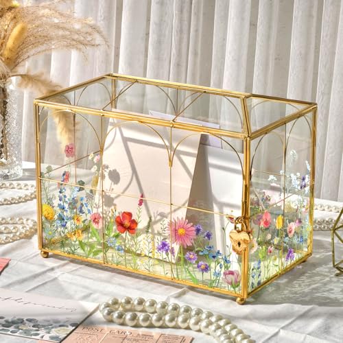 AerWo Glass Wedding Card Box with Lock, Gold Rim Gift Card Box for Wedding with Flower Patterns, Clear Wedding Card Boxes ...