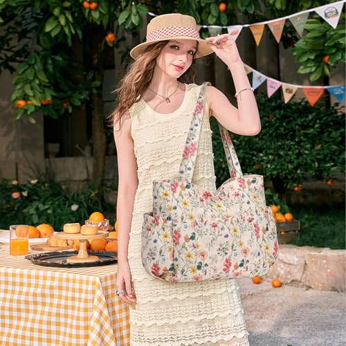 Corduroy Tote Bag for Women,Large Capacity Cute Tote Bags With 6 Pockets,Crossbody Shoulder Handbag for Work Travel Gym