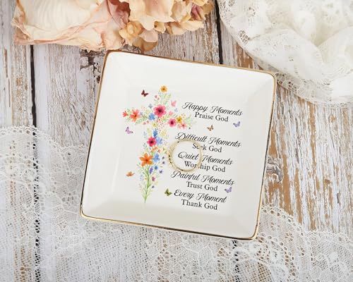 Christian Gifts for Women, Faith Inspirational Gifts - Floral Cross 4" Jewelry Dish, Religious Gift for Mom, Sister, Daugh...