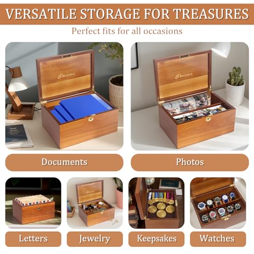 BELO VALE Premium Acacia Keepsake Box, Lockable Hand-Crafted Memory Box For Keepsakes with Removable Compartment,Wooden De...