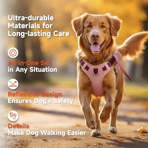 Pink Dog Harness Leash Collar Set, No Pull Reflective Dog Vest Harness with Control Handle, Adjustable Breathable Pet Harn...