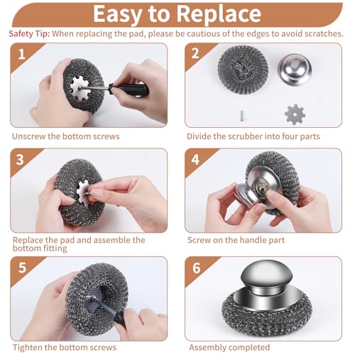 5Pcs Steel Wool Scrubber with Replacement Wire Sponge Pads Set, Stainless Steel Scrubber with Handle for Scouring Stubborn...
