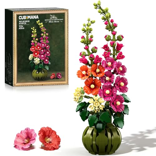 CUBIMANA Flowers Botanicals Alcea Rosea Building Set for Adults - Artificial Bonsai Plant for Home Office Décor, 974PCS Fl...