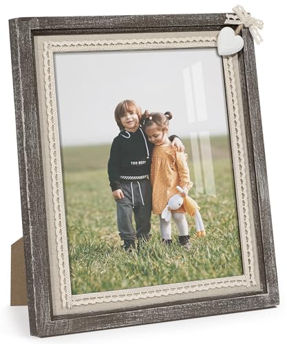 Sapowerntus 8x10 Picture Frames Rustic Wood Farmhouse Cute Heart Love Solid Wooden Family Photo Frame Lace Bow Glass Boho ...