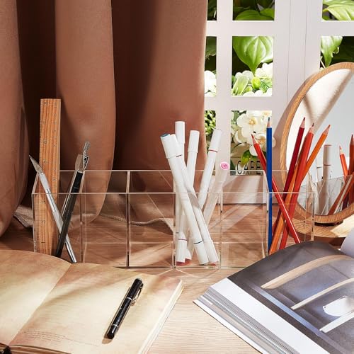 Jetec Acrylic Pen Holder 6 Compartments Makeup Brush Stationery Organizer Pencil Holder for Desk Accessories, Cosmetic Bru...