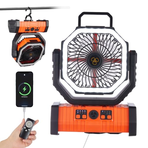 Rechargeable Fan,Operated Camping Battery Powered Fan with Hook&Bright LED Light,Remote Control Timer Auto Oscillation Cor...