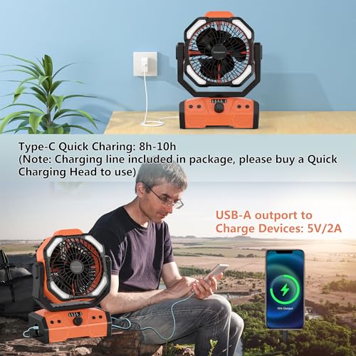 Easywave Camping Fan with LED Lantern: 30000mAh Rechargeable Battery Powered Outdoor Tent, Oscillating Fan with 360° Hangi...