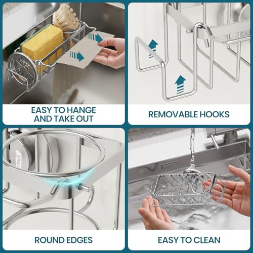 TAILI Sponge Holder with Strong Suction Cup, 4-in-1 Rustproof Sink Organizer - Sink Caddy Holds Sponges, Brushes, Stoppers...
