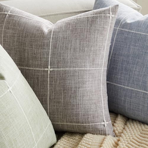 YZJZEDS 2 Packs Grid Embroidery Throw Pillow Covers, 22x22 Inch Blue, Farmhouse Linen Decorative Dusty Blue Cushion Covers...