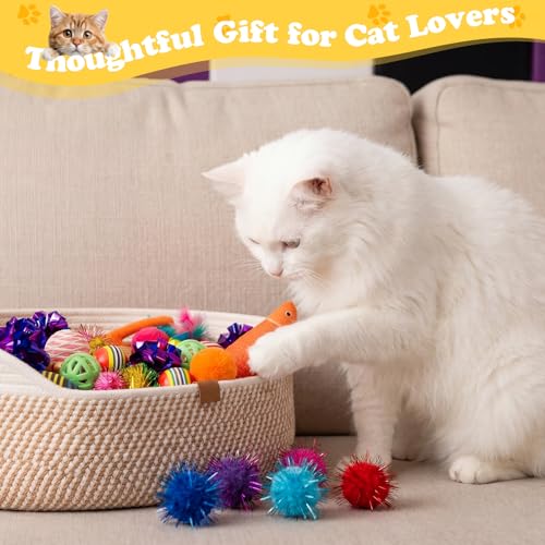 Leitee Mother's Day Cat Bed Storage Basket with 40 Pcs Cat Variety Toys Pack Set Includes Pillows, Spring Toy, Fish, Chew ...
