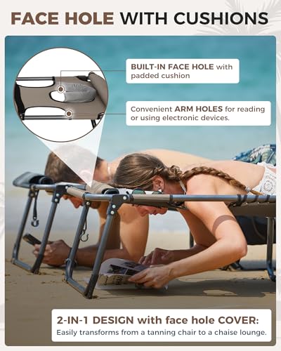 KingCamp Tanning Chair with Face Hole, Lounge Chairs Outdoor Folding Comfy Adjustable 5-Position Lay Flat Foldable Chaise ...