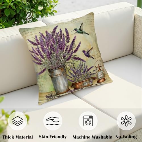 Kwlegh Lavender Pillow Covers Purple Flower Rustic Pillow Covers 18x18 Set of 2 Lavender Hummingbird Pillow Case Spring Vi...