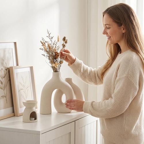 CEMABT Modern Nordic Boho Vase Set - Elegant Beige Matte Ceramic Home Decor for Living Room, Bookshelf, Mantel, Entryway T...