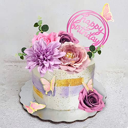 20 PCS Flower Cake Toppers Butterfly Cake Decorations Happy Birthday Cake Toppers with Pink Purple Flowers Eucalyptus Butt...