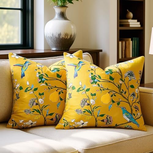 Mustard Yellow Floral Pillow Covers 18x18 Set of 2, Velvet Wild Flower Plant Throw Pillows Case, Square Farmhouse Decor Cu...