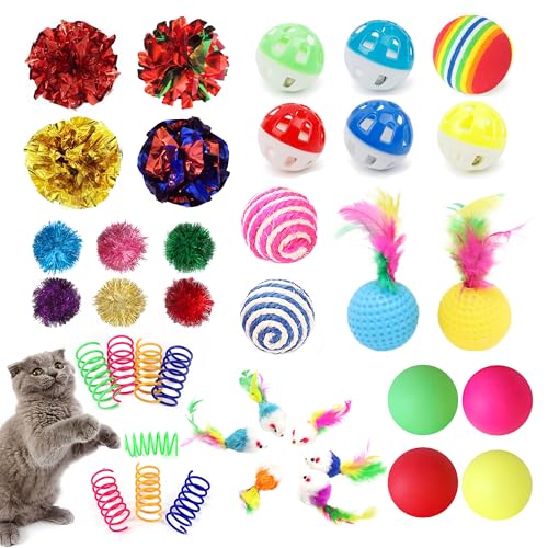 POSAPET Cat Toys Assortment - Interactive Kitten Toy Bundle with Sparkle Pom Pom Balls, Crinkle Balls & Spring Toys for In...