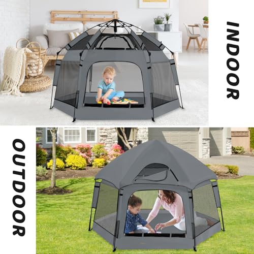 Instant Pop Up Baby Playpen with UV Canopy & Safety Lock, Portable Outdoor Beach Tent Play Yard for Toddlers, Breathable M...