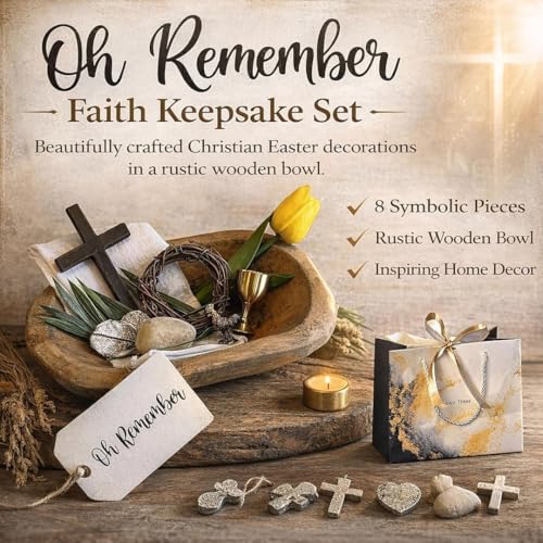 Oh Remember Christian Easter Resurrection Faith Keepsake Set, 8 Symbolic Pieces with Wooden Cross, Crown of Thorns, Gold C...