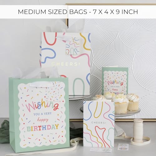 Beautiful Gift Bags Set of 4 - Medium Sized 9" Bags with Handles incl. Matching Tissue Paper, Cards & Small Stickers - Reu...