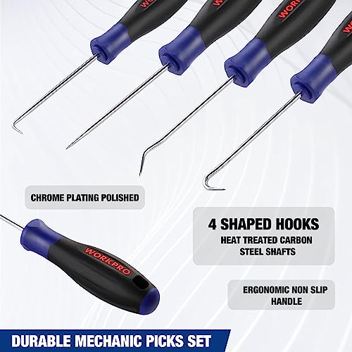 WORKPRO 4-Piece Precision Pick and Hook Set with Pouch, Angled Pick, Straight Pick, 90-degree Pick, Full Hook, Mini Pick S...