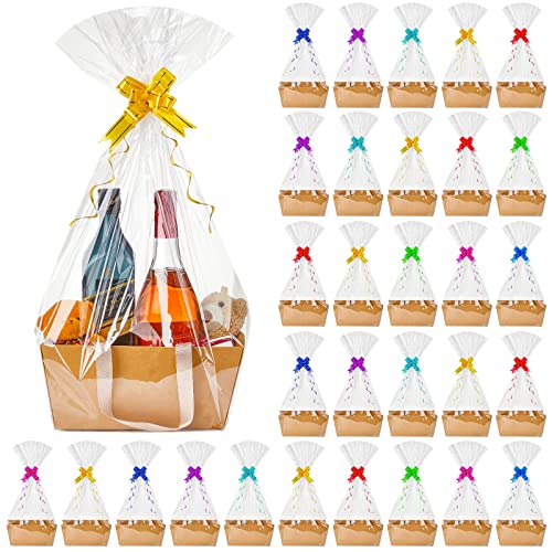Tuanse 30 Pcs Basket for Gift Empty DIY Bulk Gift Basket Kit with Handle Kraft Cardboard Tray with 30 Bag 30 Bow Market Tr...